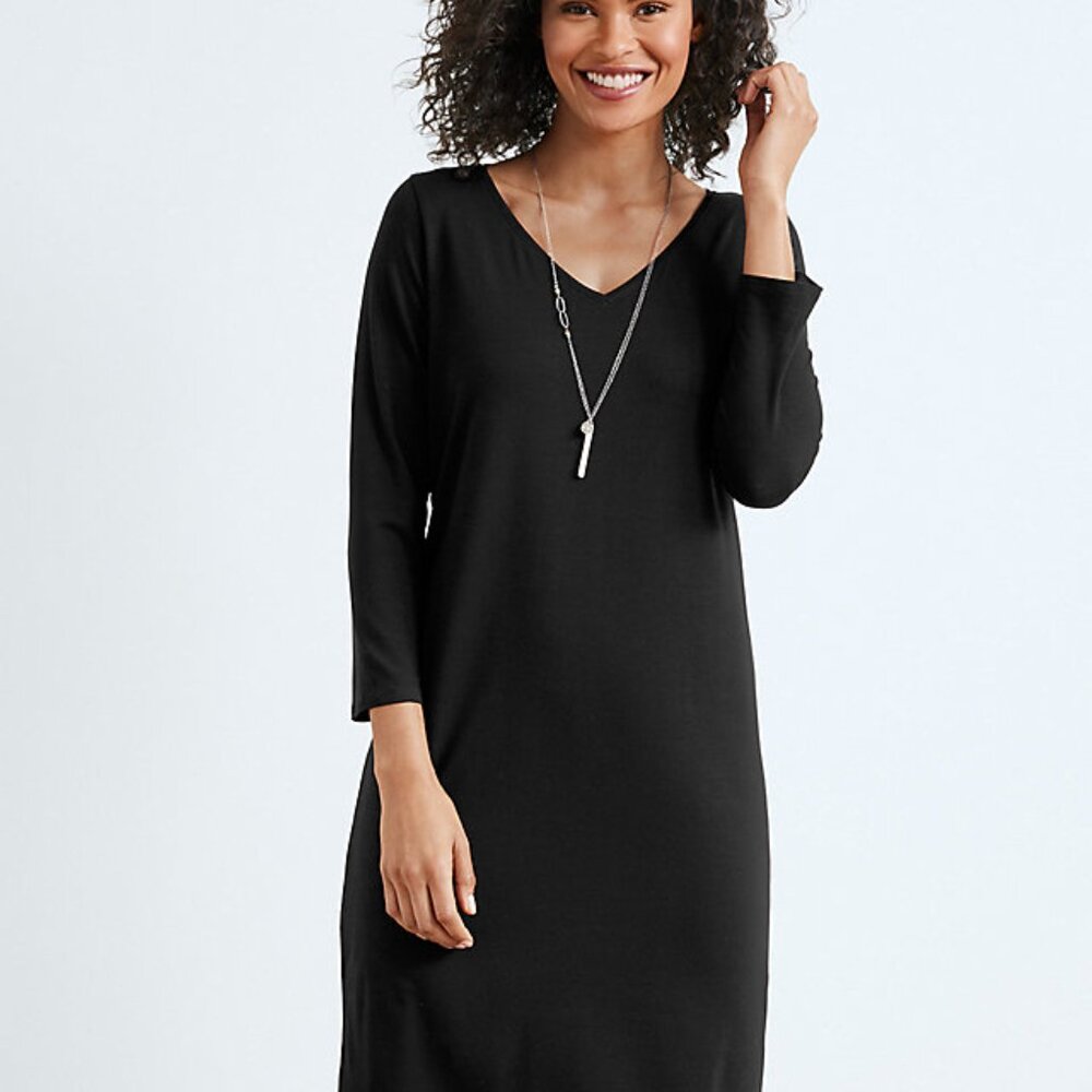 EILEEN FISHER Petite Fine TENCEL Jersey V Neck Shift Dress 3/4 Sleeve PM NWT